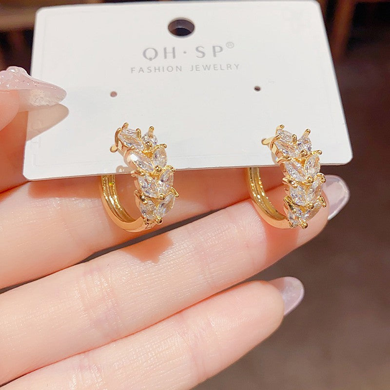 Zircon Leaves Ear Clip Female Personality Temperament Fashion Simple Earrings