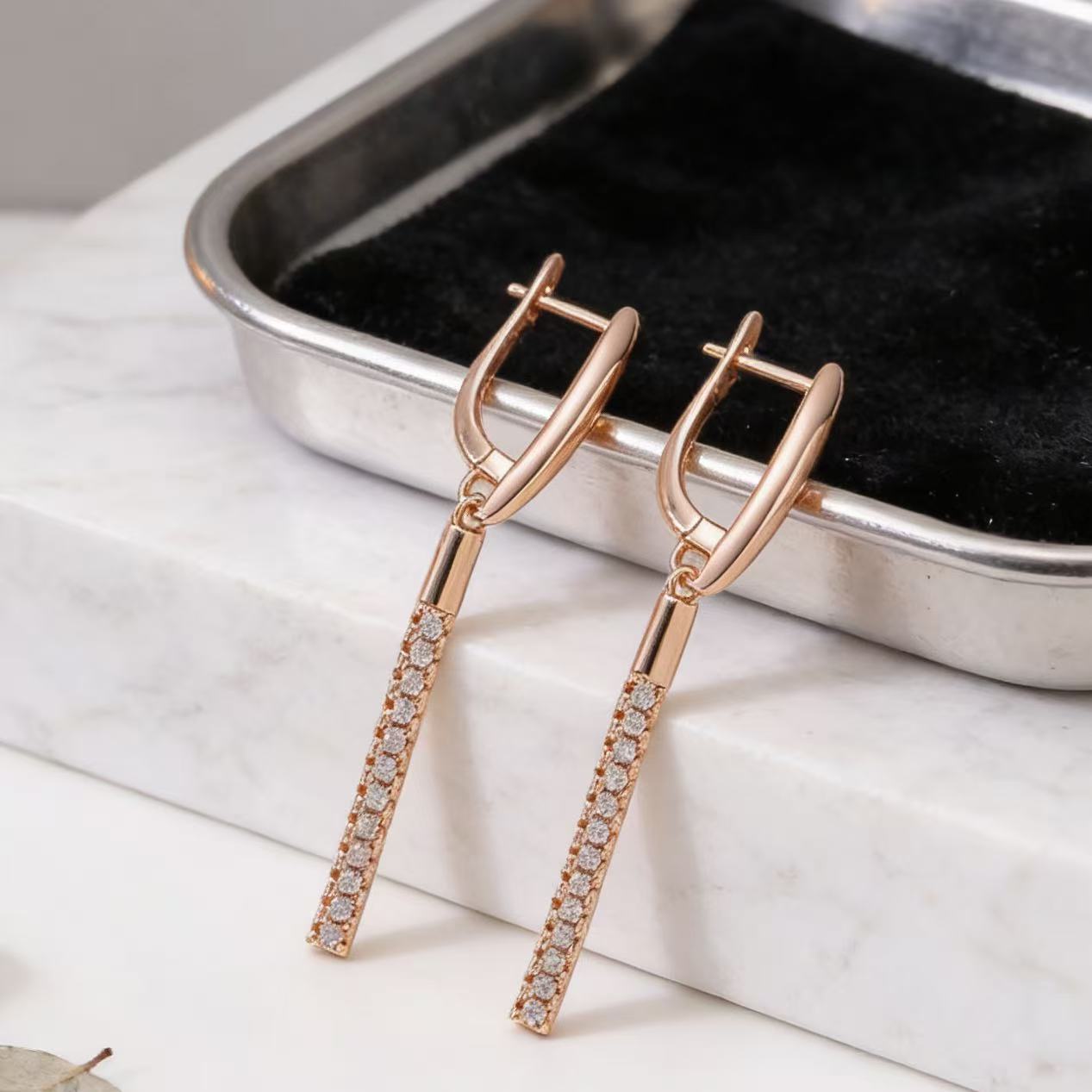 Women's Copper Rose Gold Micro Inlaid Zircon Long Light Luxury High-grade Earrings
