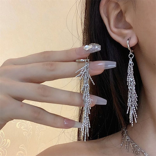 Flash Sier Long Style Metal Tassel Exaggerated Ear Clip Sense Earrings