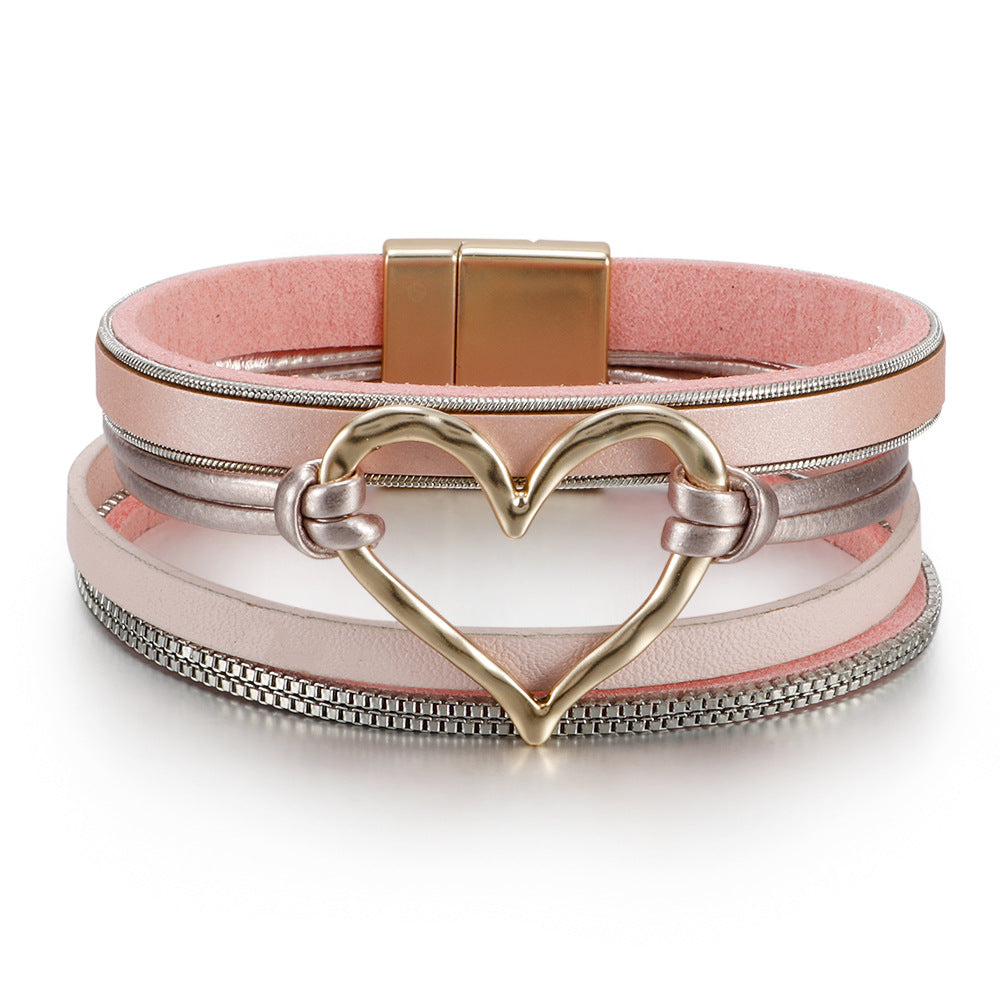 Women's Bohemian Style Leather Heart Fashion Magnetic Bracelet