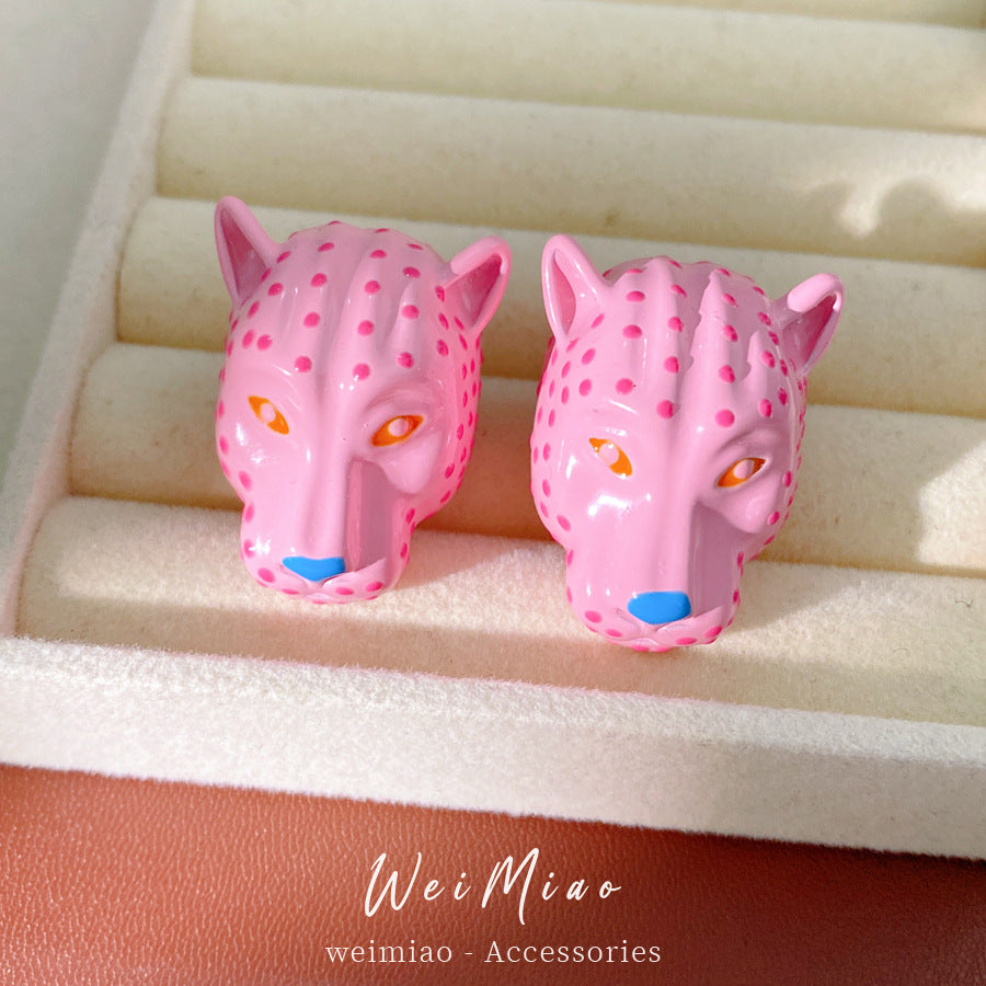 Women's Pink Leopard Head Light Luxury High-grade Niche Personality Temperament Jewelry Set