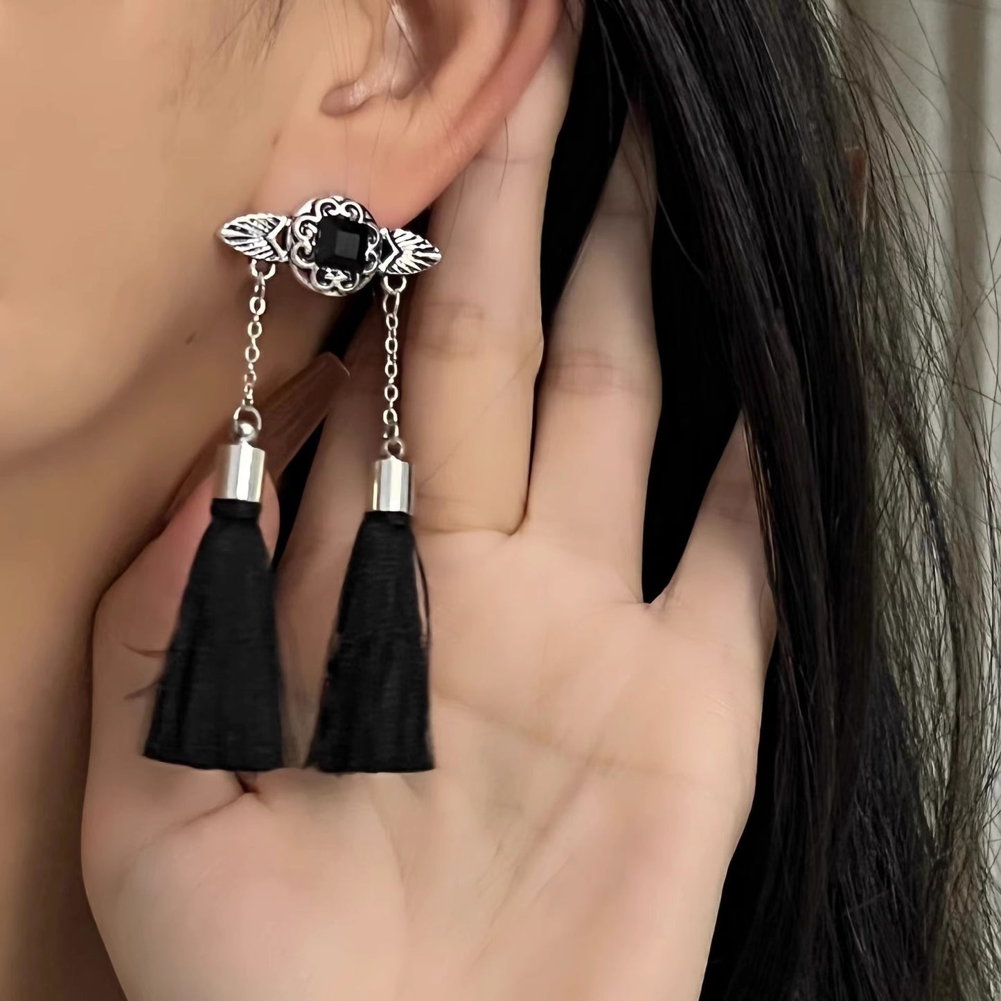 Women's Chinese Style Black Tassel Design High-grade Vintage Han Clothing Cheongsam Earrings