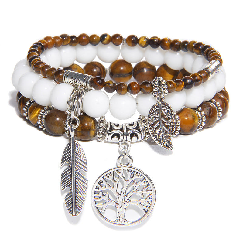 Women's Stone Bead Three-piece Tree Of Life Feather Vintage Bracelets