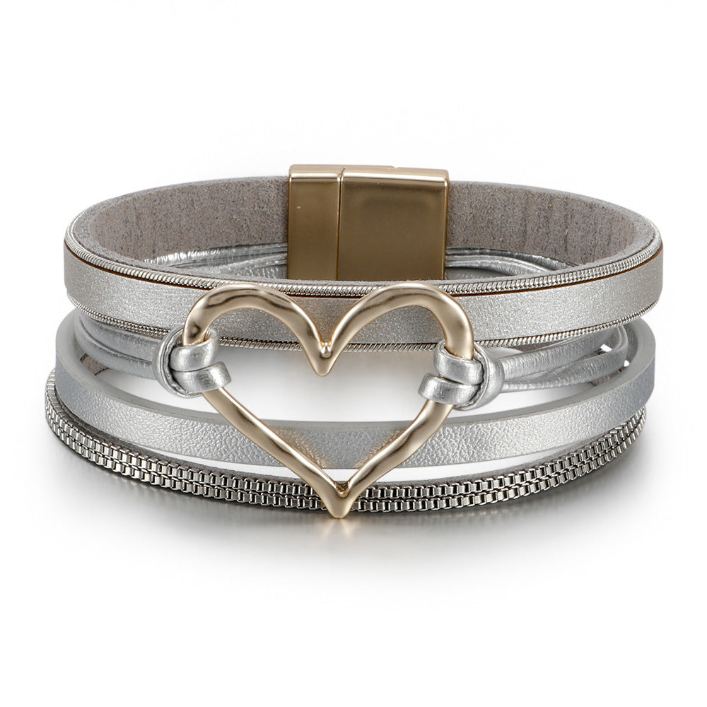 Women's Bohemian Style Leather Heart Fashion Magnetic Bracelet