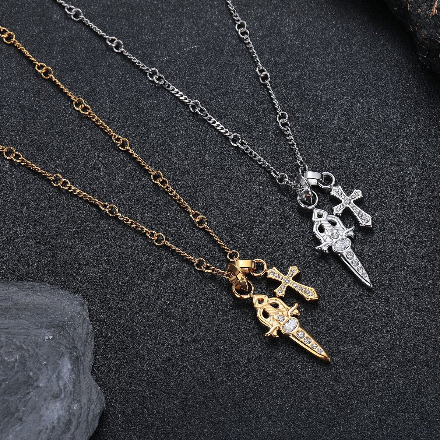 Women's & Men's Titanium Steel No Fading Diamond Sword Cross Necklace