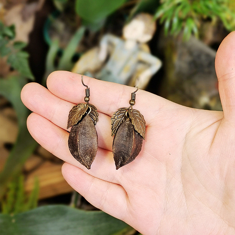 Style Flower Leaf Fruit Creative Long Wooden Natural Earrings