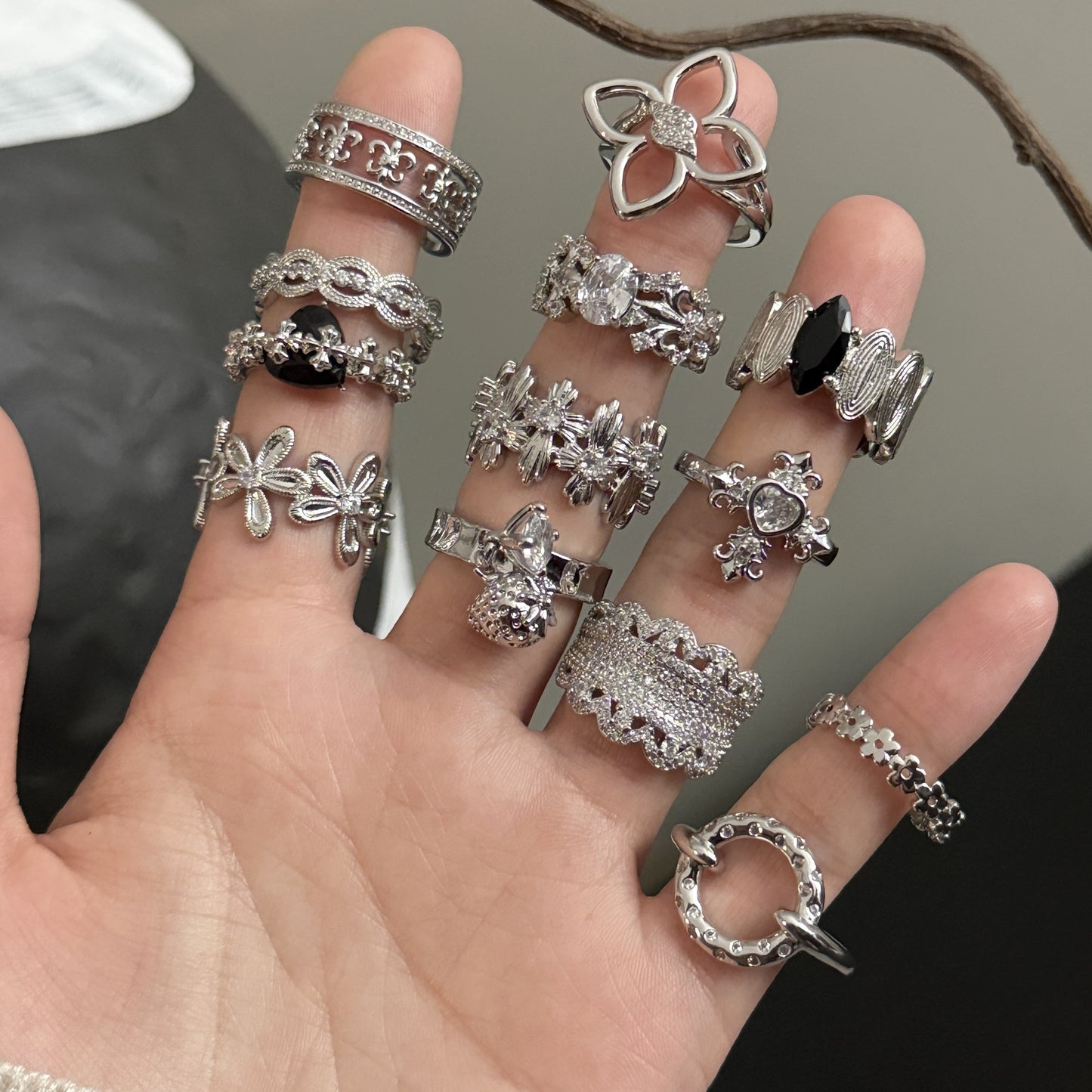 Women's Sier Flower Zircon Series Light Luxury Twin Ring