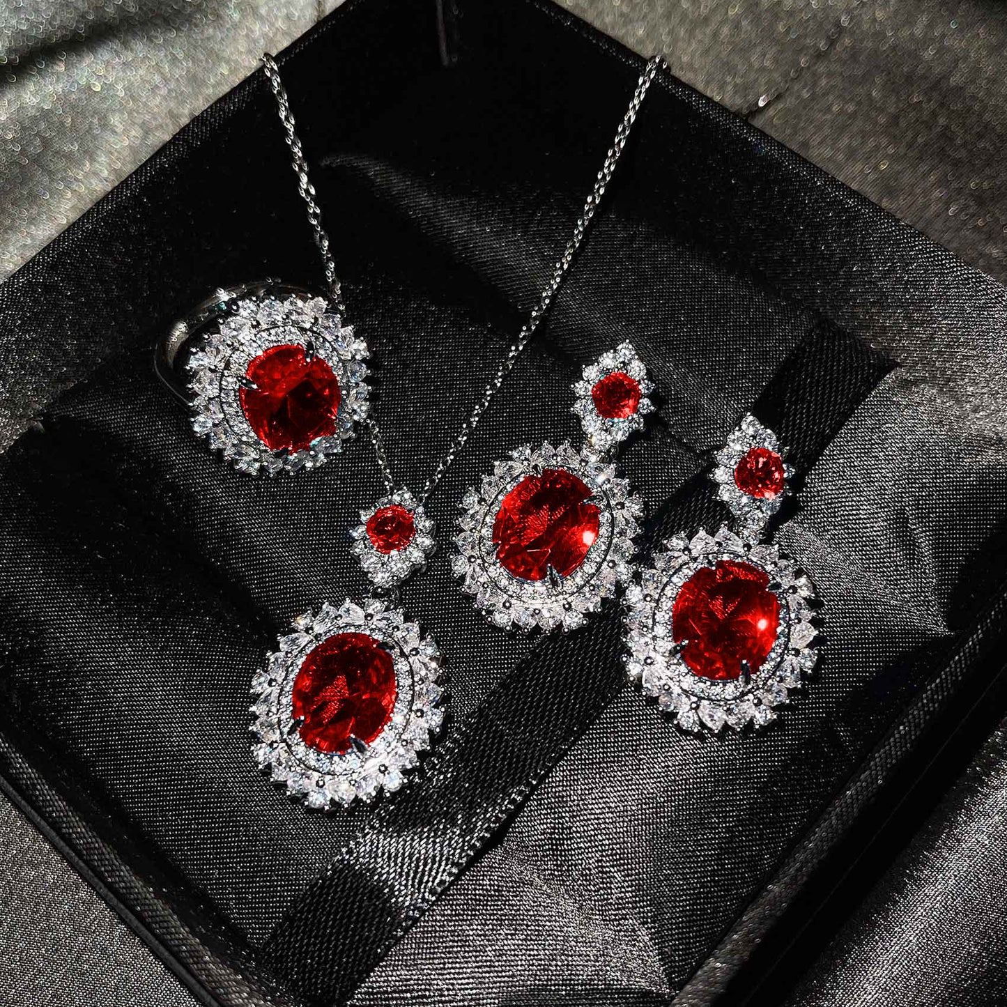 Live Broadcast Three-piece Colored Gems Ear Combination Personality Necklaces