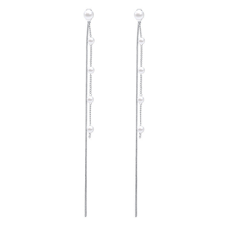 Temperamental Long Pearl Tassel Line Ear Earrings