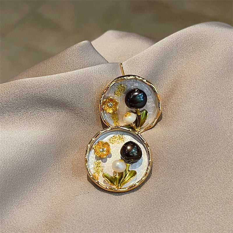 Jardin Monet Oil Painting Freshwater Pearl Flower Chinese Earrings