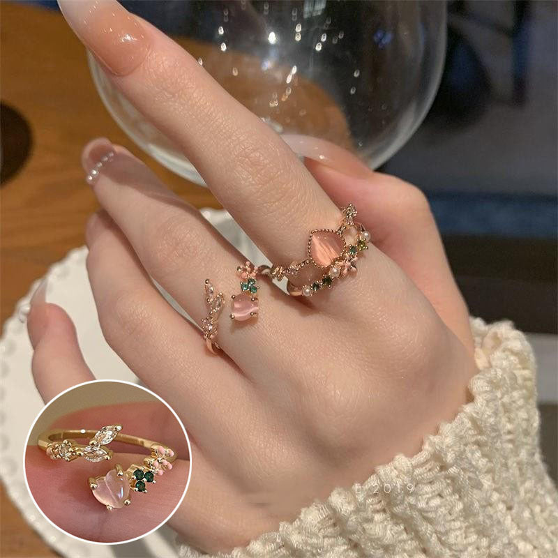 Pink Loving Heart Zircon Female Twin Elegant Sier Rings