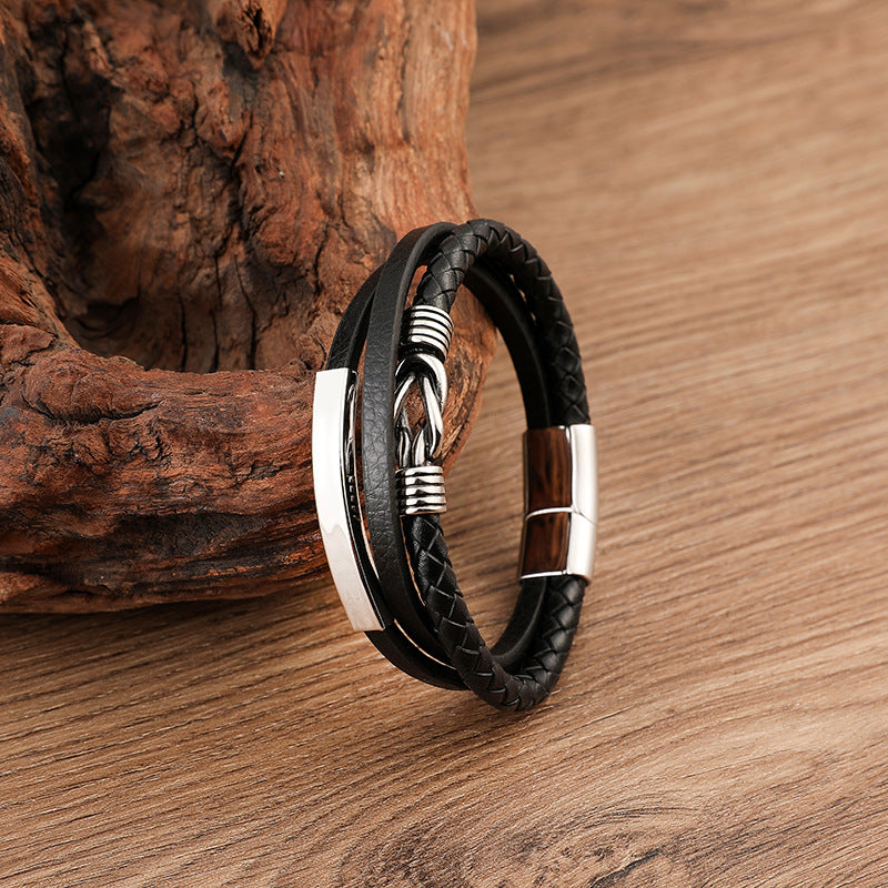 Fashion Stainless Steel Leather Korean Woven Bracelet