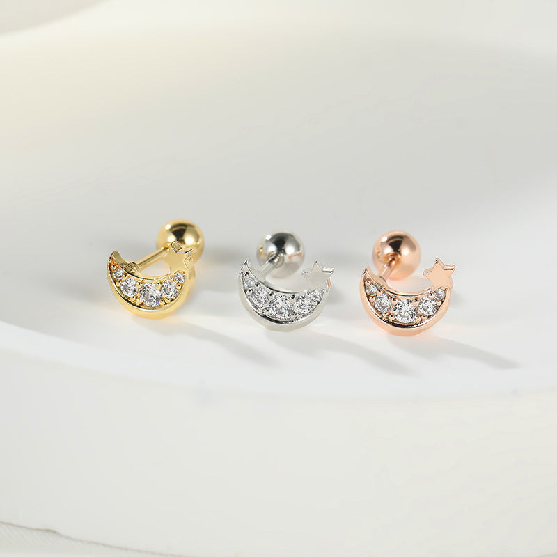 Fashion Lady Micro Inlaid Zircon Rose Gold Plating Star Moon Stud Earrings