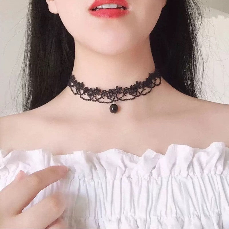 Party Queen Gem Wide Black Lace Punk Formal Dress Fake Collar