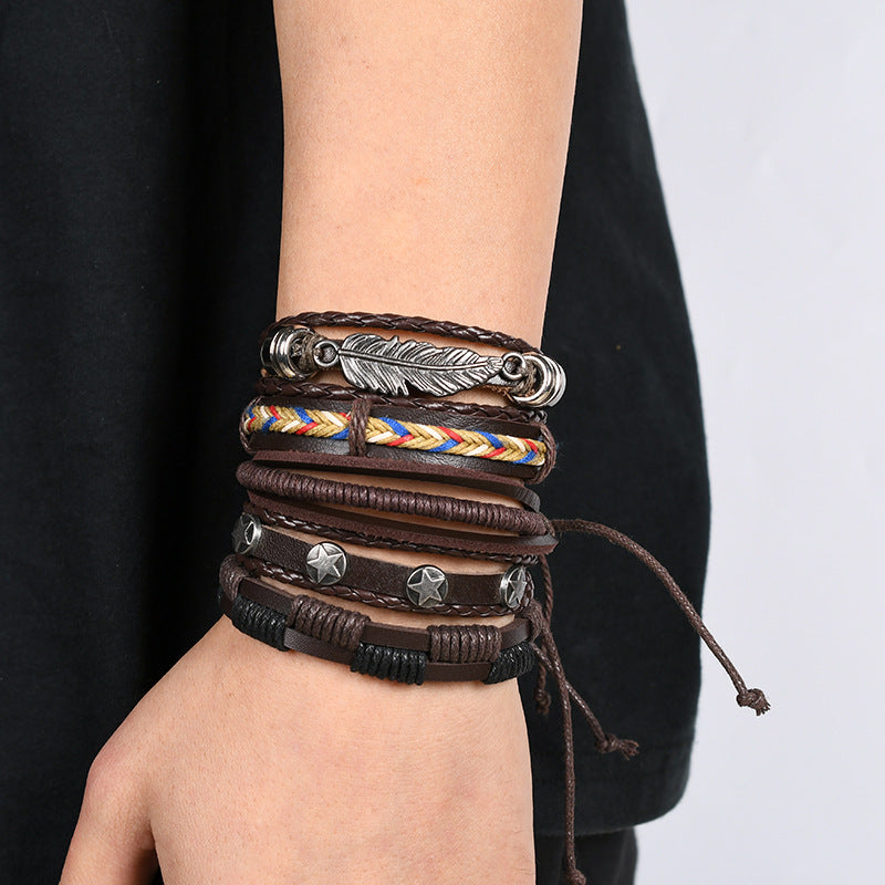 Vintage Weave Cattle Leather Leaves Star Combination Bracelets