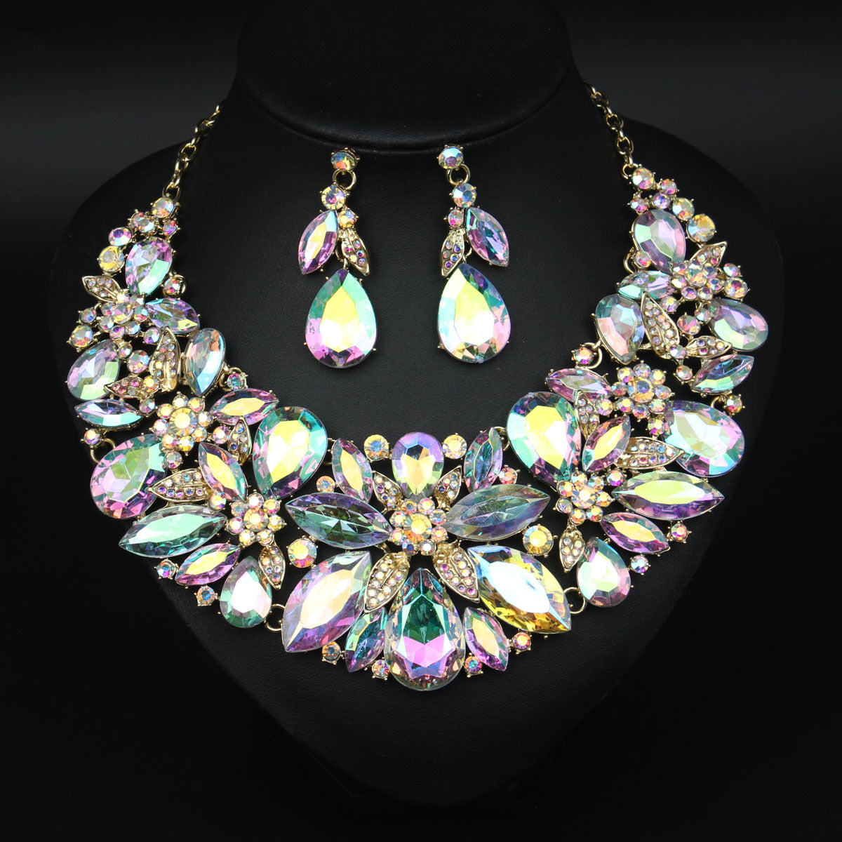Fashion Exaggerated Gemstone Leaves Suite Luxury Dress Banquet Jewelry Set