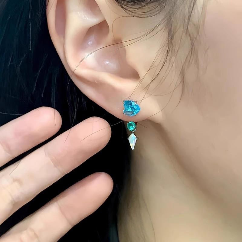 Blue Loving Heart Zircon Horseshoe Ear Light Luxury High Sense Stud Earrings