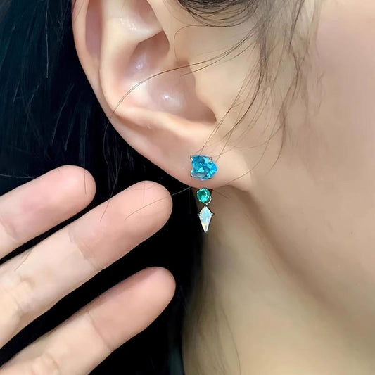 Blue Loving Heart Zircon Horseshoe Ear Light Luxury High Sense Stud Earrings