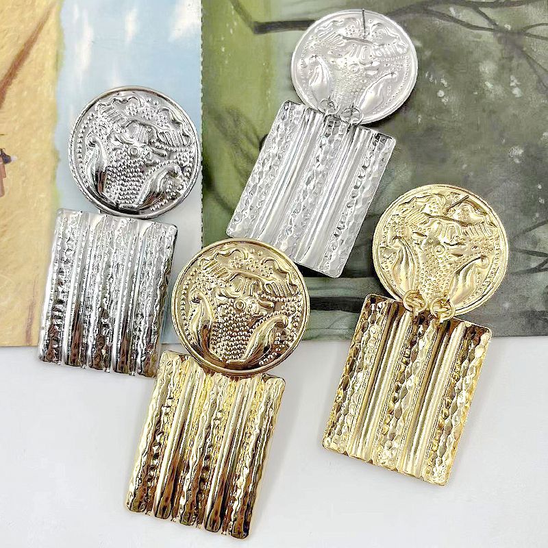 Court Style Geometric Three-dimensional Carved Round Badge Long Block Earrings