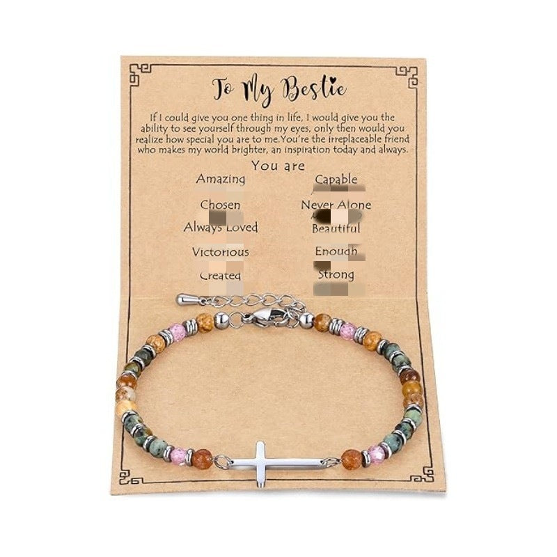Women's Natural Stone Beaded Cross Lobster Buckle Adjustable Band Bracelet