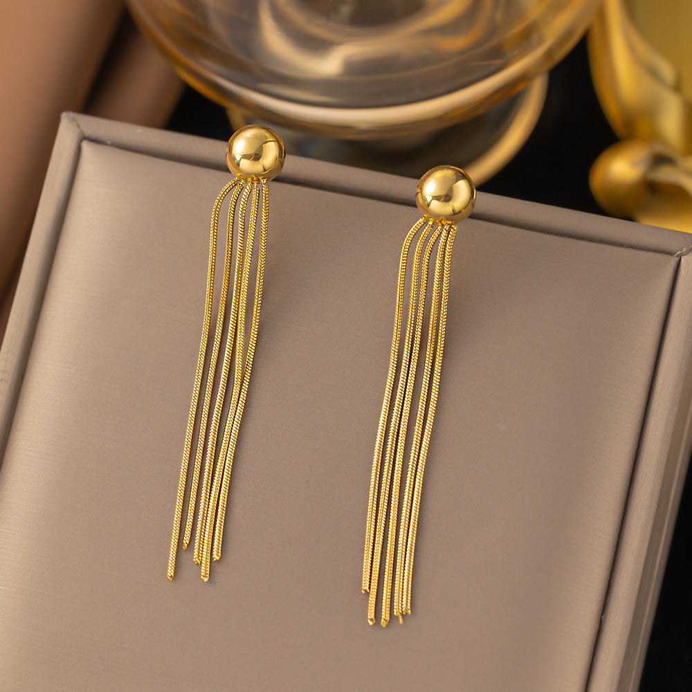 Fashion Titanium Steel Gold Stainless Beads Long Earrings