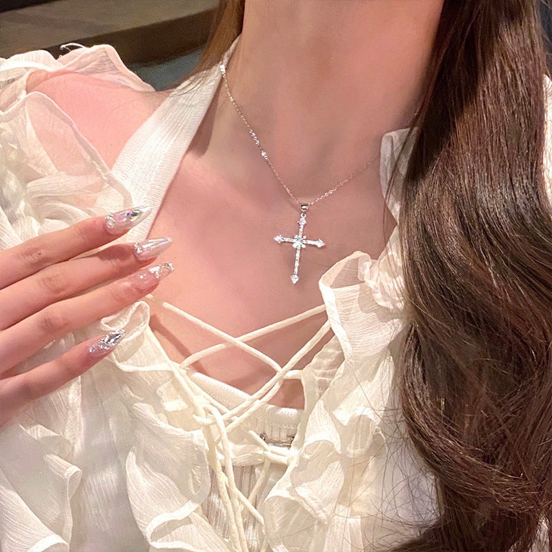 Full Diamond Asterism Cross Cold Style Sweet Necklaces