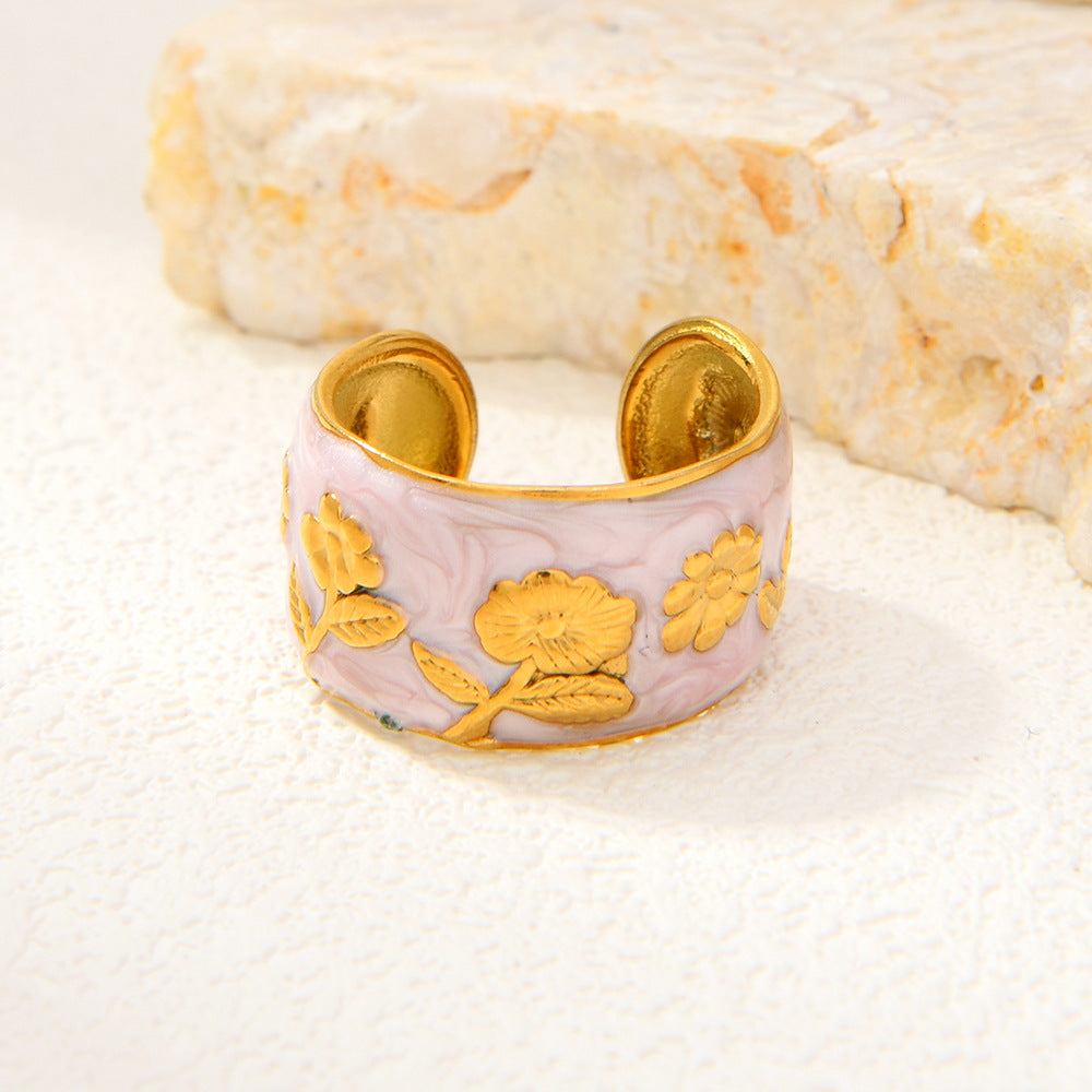 Titanium Steel Rose Oil Dripping Open Retro High-grade Flower Female Ring