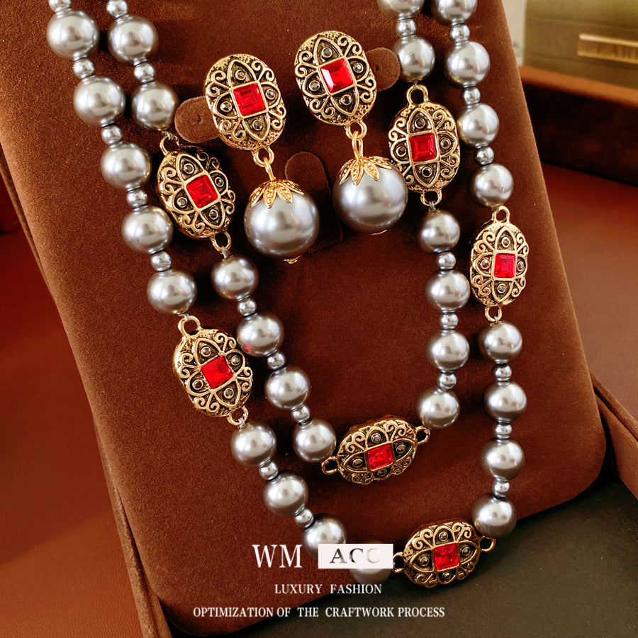 Oval Pearl Vintage Sweater Chain Light Luxury Jewelry Set