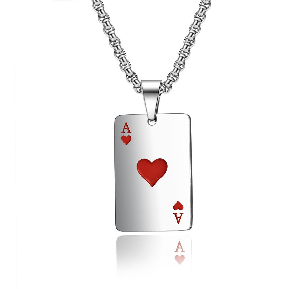 People Personality Red Peach Playing Card Tide Titanium Necklace