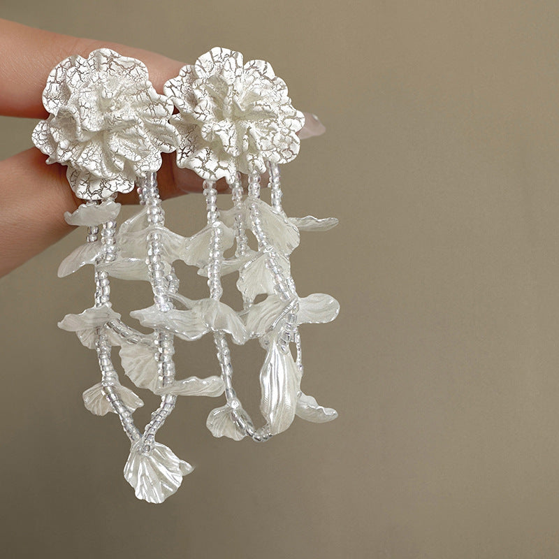 Net Yarn Flowers Tassel Fresh Sweet Earrings