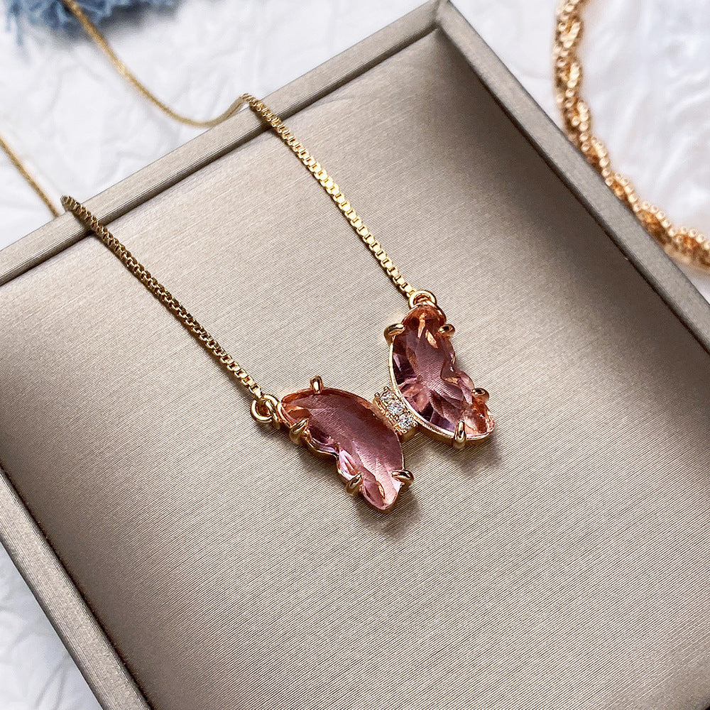 Fantasy Crystal Butterfly Gradient Glass Colored Necklace