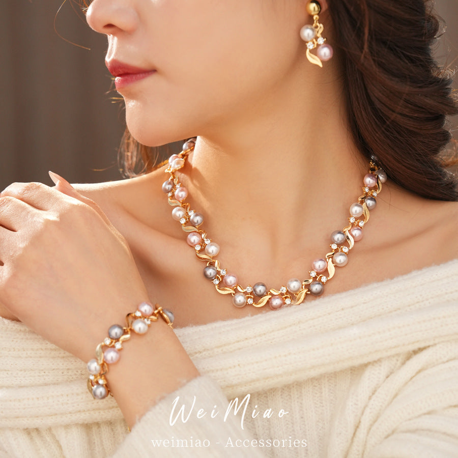 Diamond Lace Pearl Light Luxury Minority Clavicle Chain Exquisite Jewelry Set