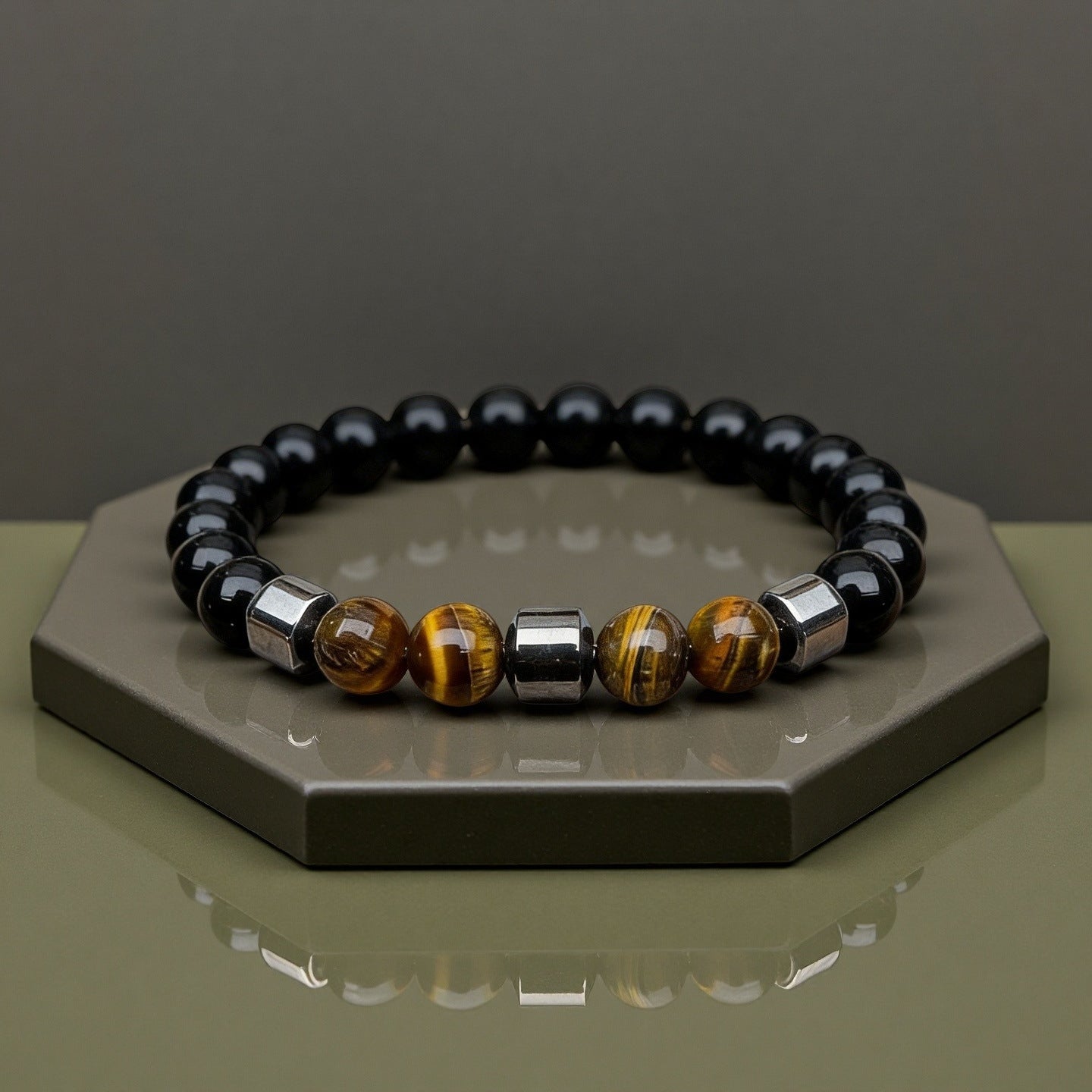 Men's Tigereye Beaded Magnetic Obsidian White-barked Pine Bracelet