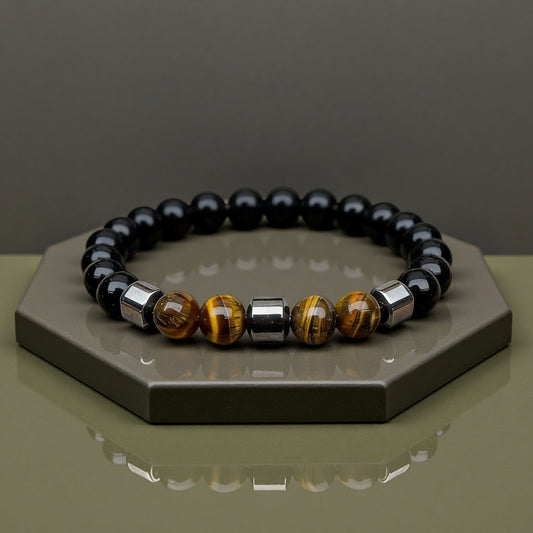 Men's Tigereye Beaded Magnetic Obsidian White-barked Pine Bracelet