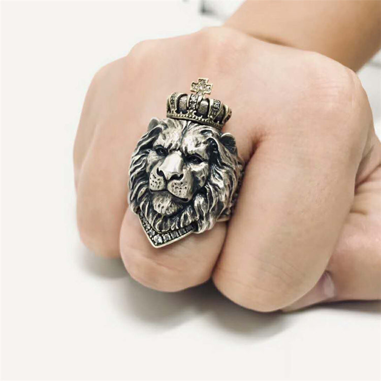 Men's Vintage Crown Lion Titanium Steel Cross Male Rings