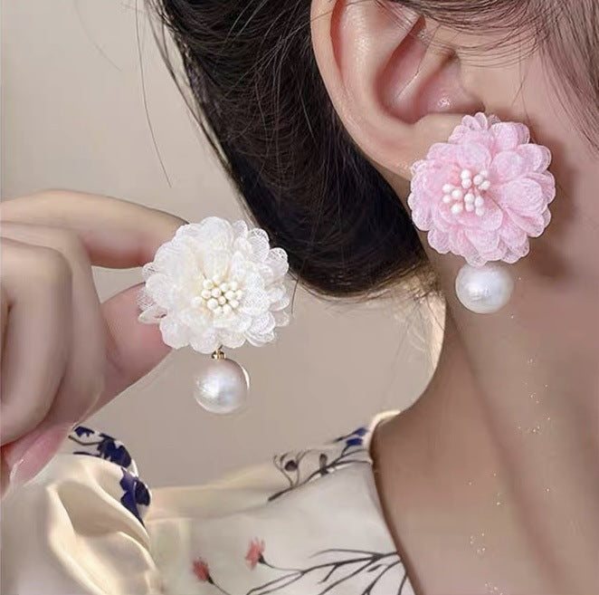 Women's Super Fairy Retro Fabric Chiffon Flower Sier Needle Stud Earrings