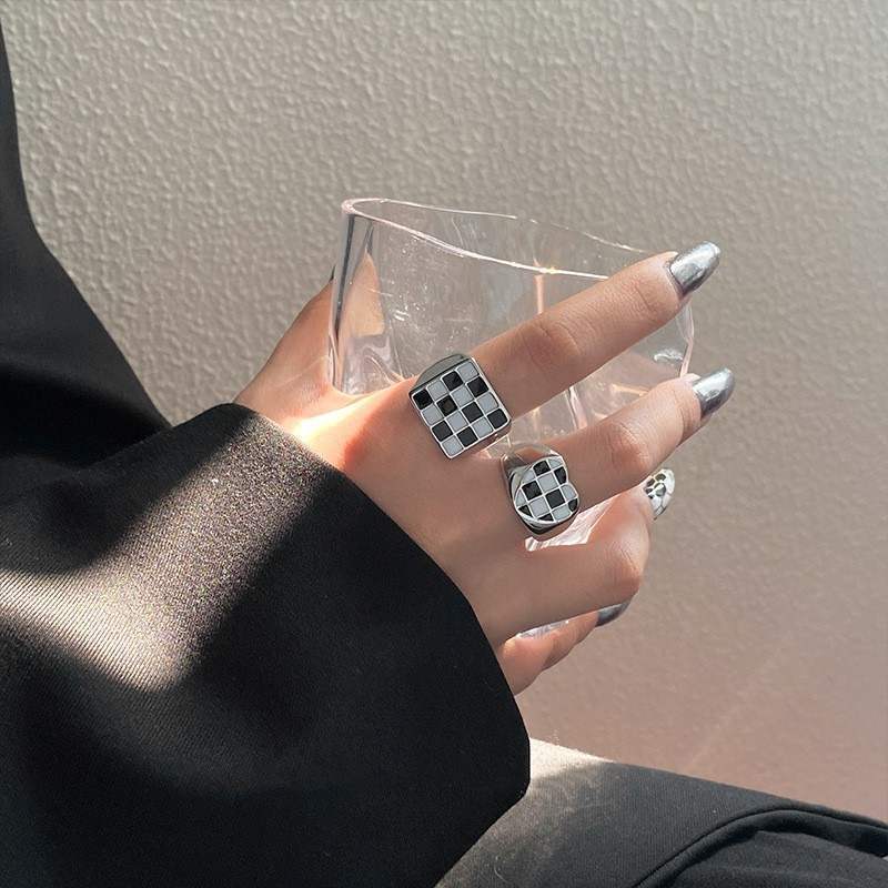 Chessboard Plaid Drip Glazed Open Female Summer Niche Design Cold Ring