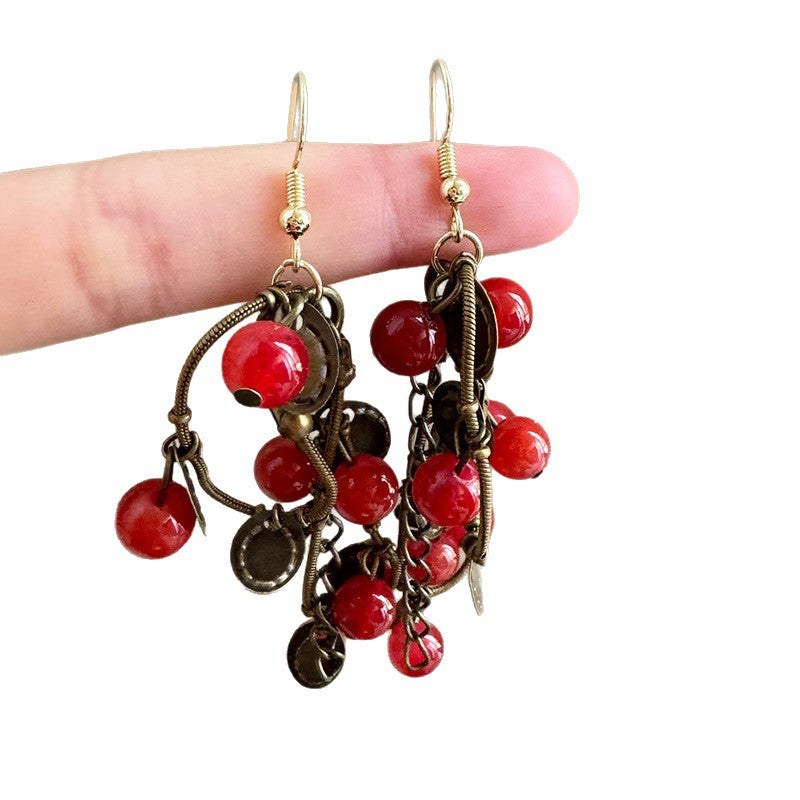 Red Fruit Beaded Tassel Ear Hook Style Retro Sense Chic Rings