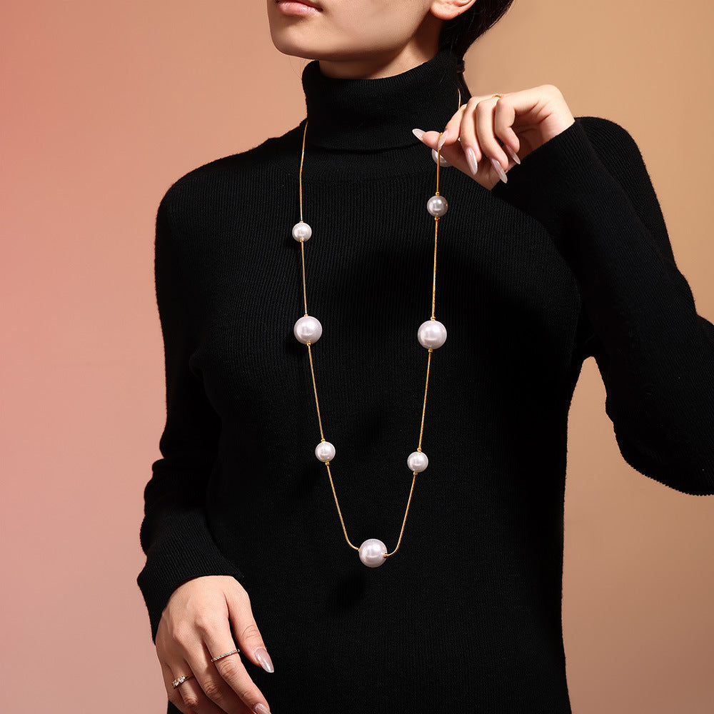 Gloss Shell Pearls Sweater Chain Stainless Steel Plating Necklaces