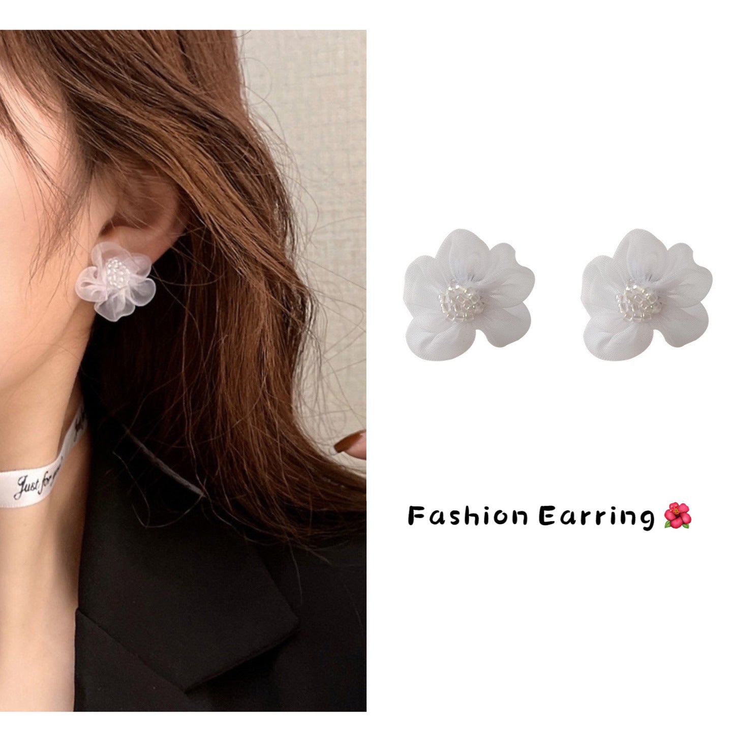 Women's White Fabric Flower High-grade Sweet Stainless Steel Earrings
