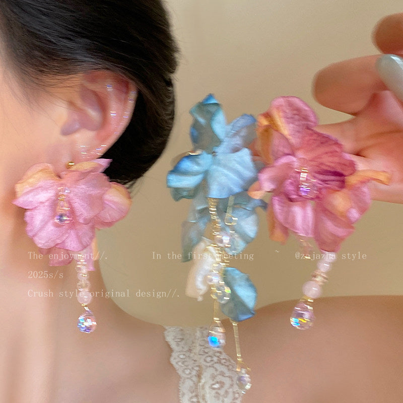 Women's Blue Flower Exaggerating Tassel Super Fairy Rings