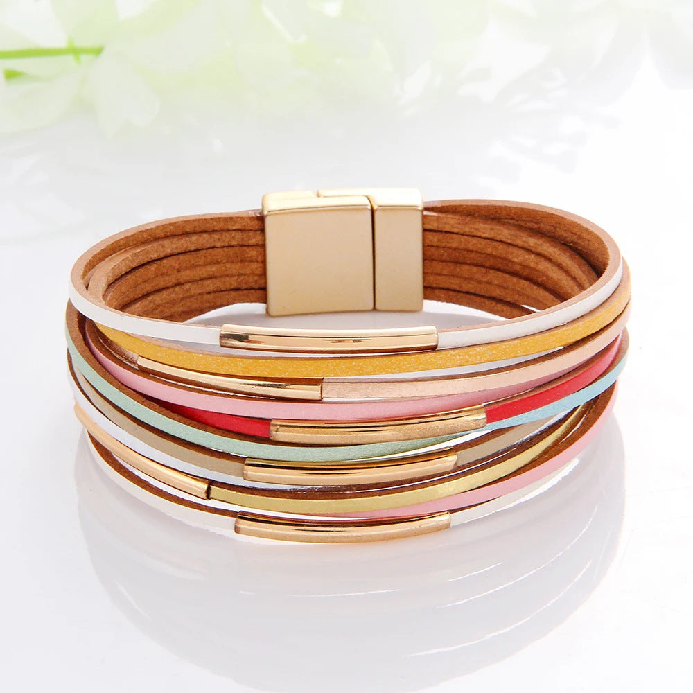 Women's Wide Brim Magnetic Snap Leather Fashion Bracelets