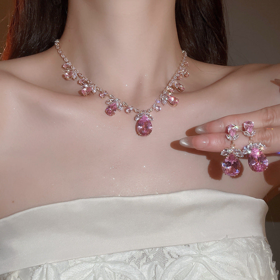 Style Gold Pink Zircon Sweet Elegant Graceful Light Luxury Jewelry Set