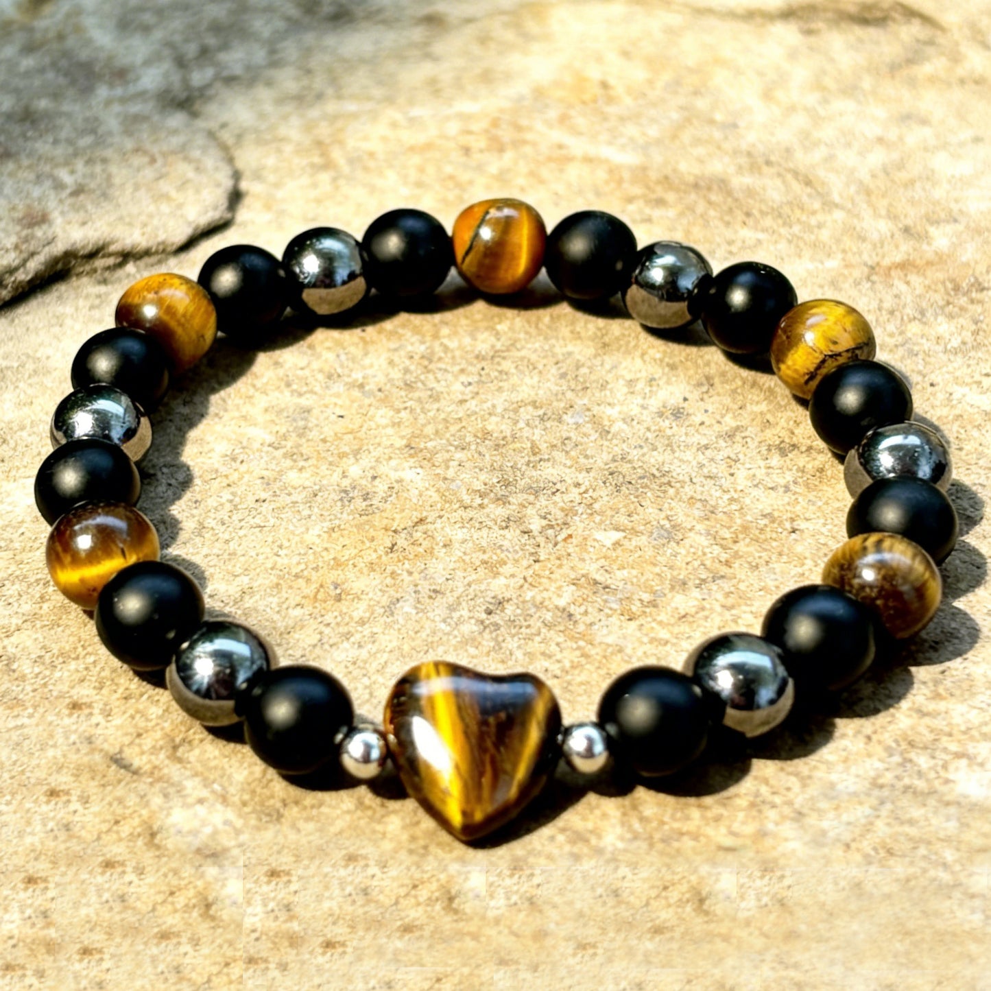 Tigereye Pink Crystal Small Peach Heart Black Stone Magnet Bracelet