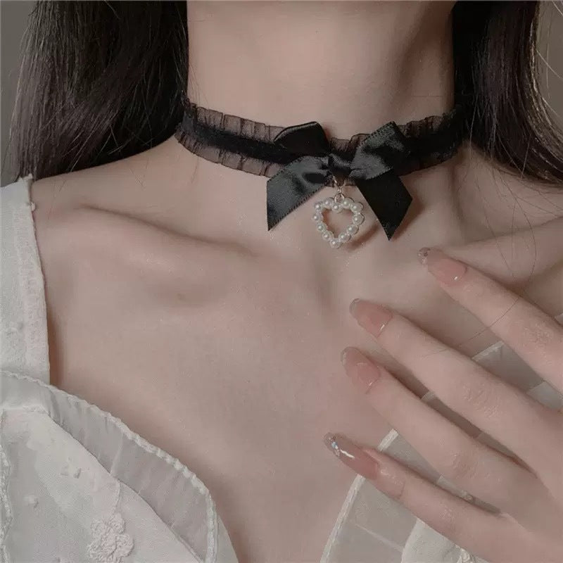 Sweet Lolita Gem Pearl Lace Ribbon Collar