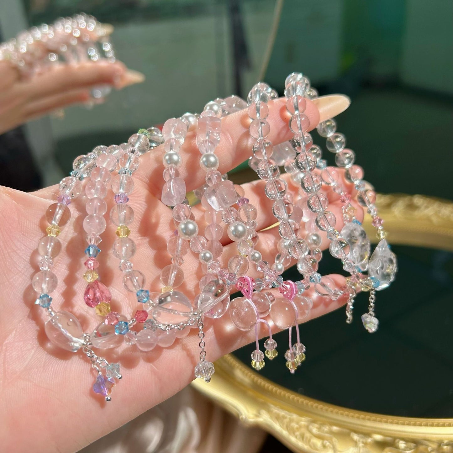 Women's White Crystal Matching Colored Gems Tassel Lucky Bracelets
