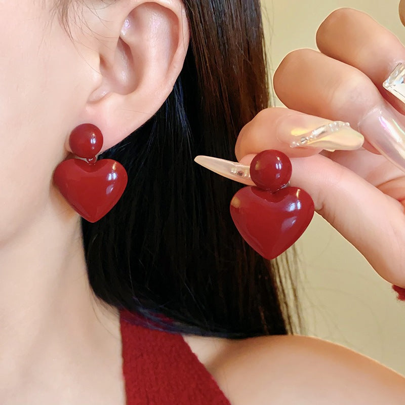 Women's Sier Needle Red Geometric Ear Korean Earrings