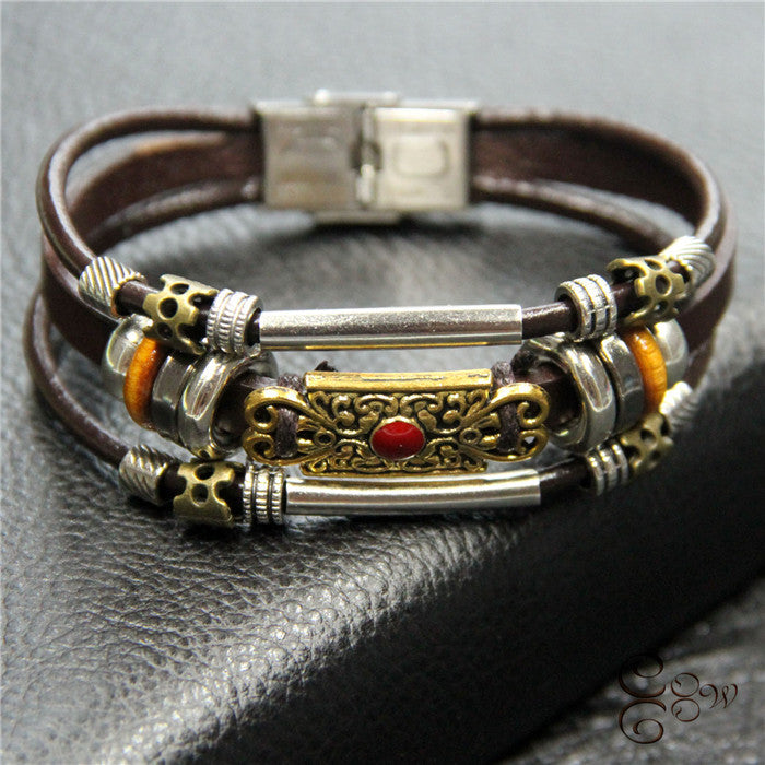 Men's Variety Of Cattle Leather Woven Gift Retro Stainless Steel Bracelet