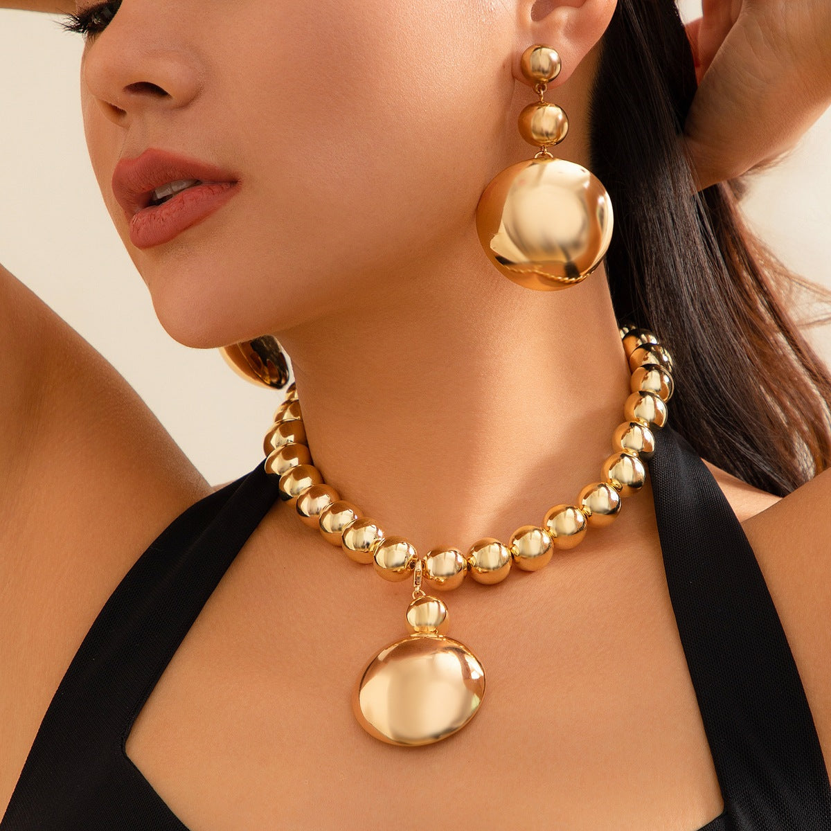 Punk Detachable Metal Semicircle Exaggerated Beaded Necklaces