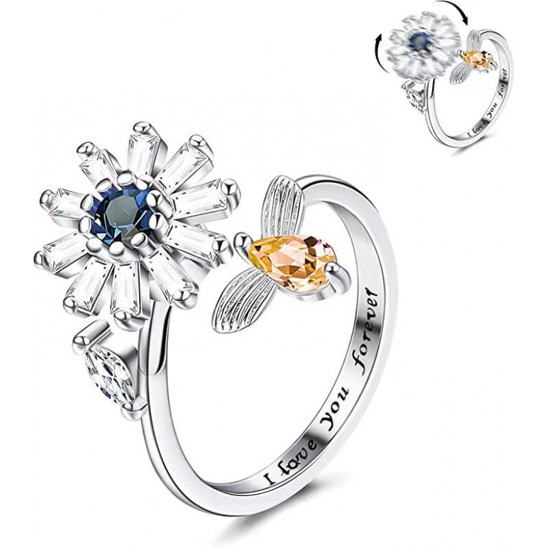 Women's Lettering Adjustable Anxiety Relief Open Decompression Zircon Ring